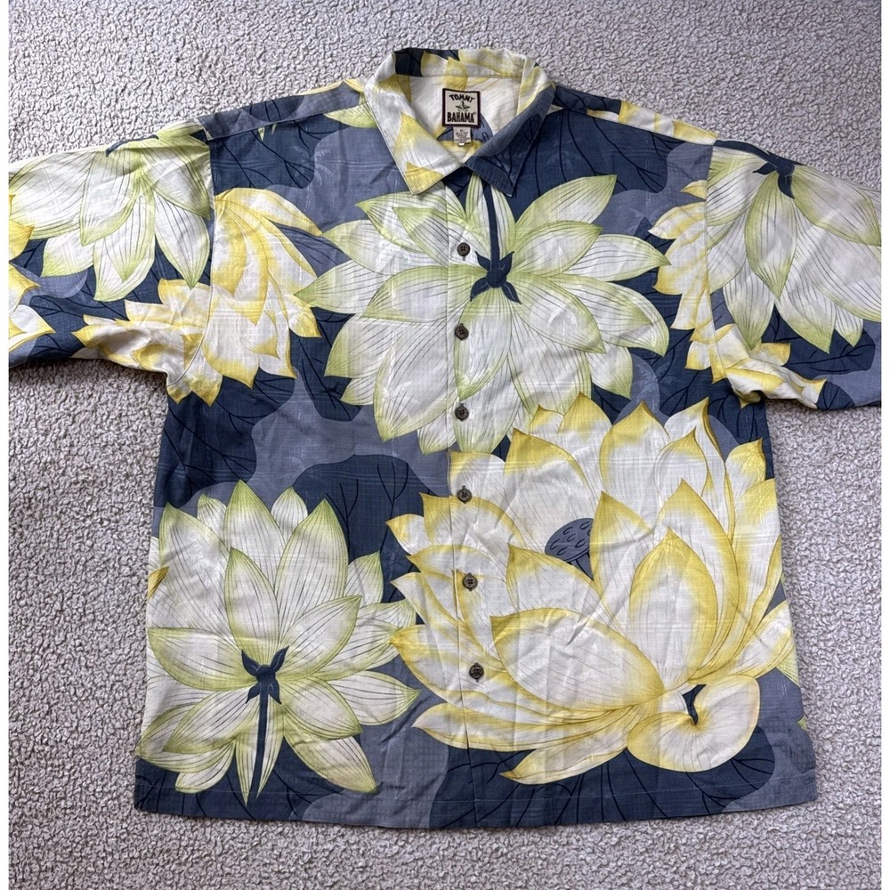 Tommy Bahama Shirt Men's XL Yellow Silk Floral Hawaiian Camp Button Up Tropical